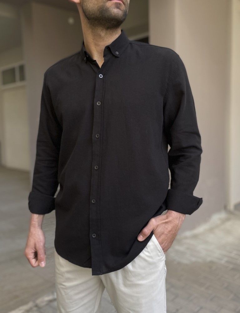 Ανδρικό λινό μαύρο πουκάμισο με γιακά 9631M φωτογραφία